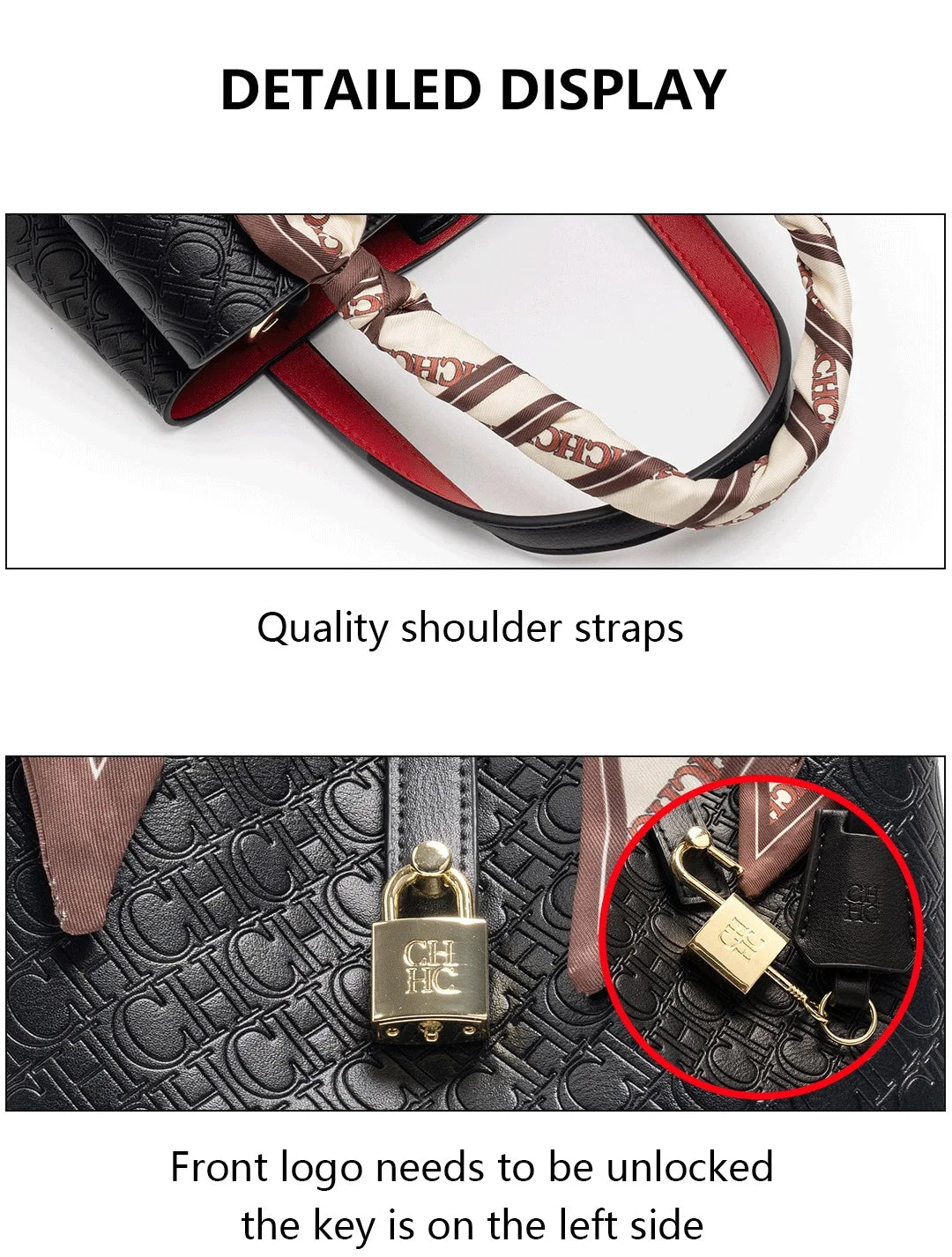 CH Fashion Brand Shoulder Bag for Women Large Capacity Casual Hard Bag with Letters Embossed PU Leather Womenswear