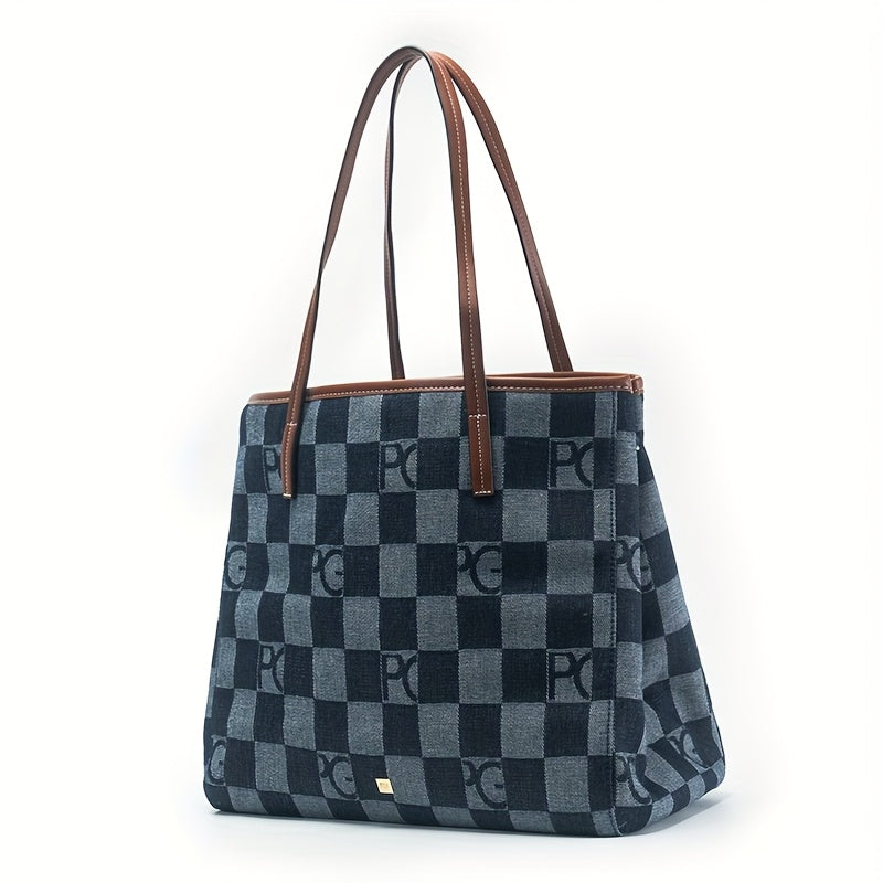 PG Women'S High-End Outdoor Tote Bag - Large Capacity, Versatile Commuter Handbag with Fixed Shoulder Straps, Zipper Closure, Canvas Lining, Black/Pink/Blue, Commuter Shoulder Bag | Checkered Pattern Bag | Durable Canvas Lining