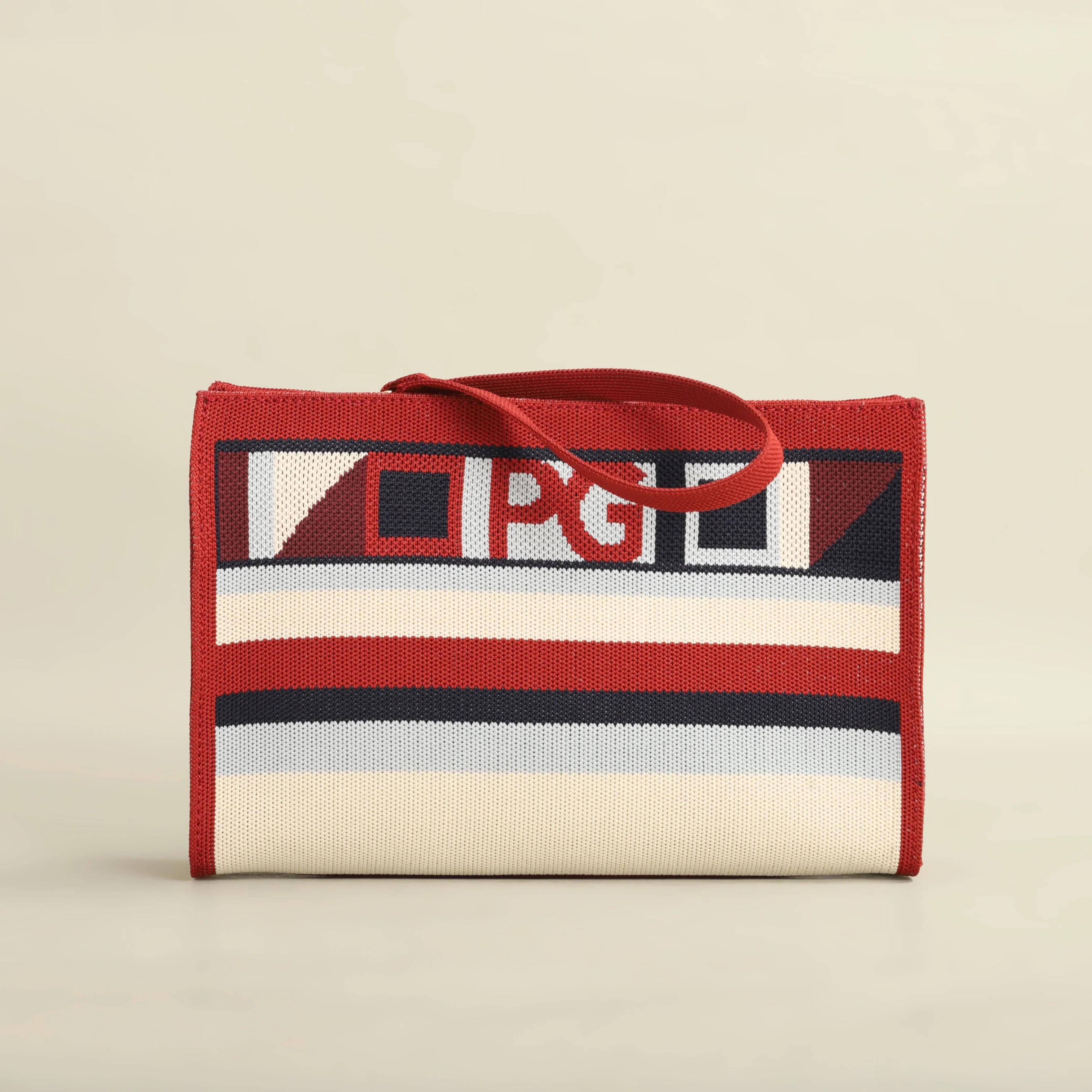 Niche Brand Design Women's Large-Capacity Tote Bag - Casual Light Luxury Striped Geometric Pattern, Zipper Closure, Durable Polyester, Red/Turquoise/Blue for Daily Commuting