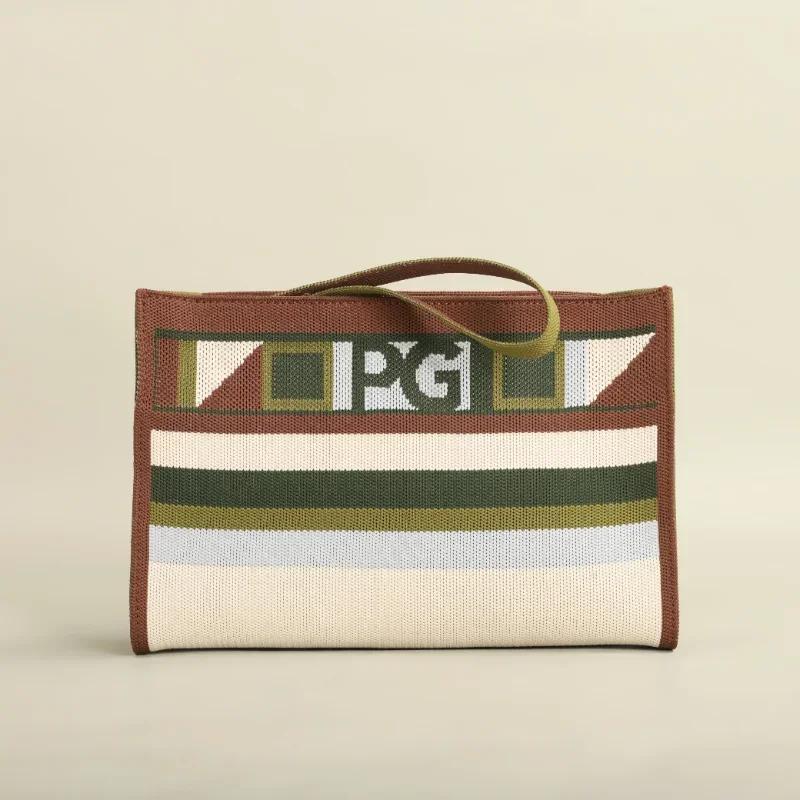 Niche Brand Design Women's Large-Capacity Tote Bag - Casual Light Luxury Striped Geometric Pattern, Zipper Closure, Durable Polyester, Red/Turquoise/Blue for Daily Commuting