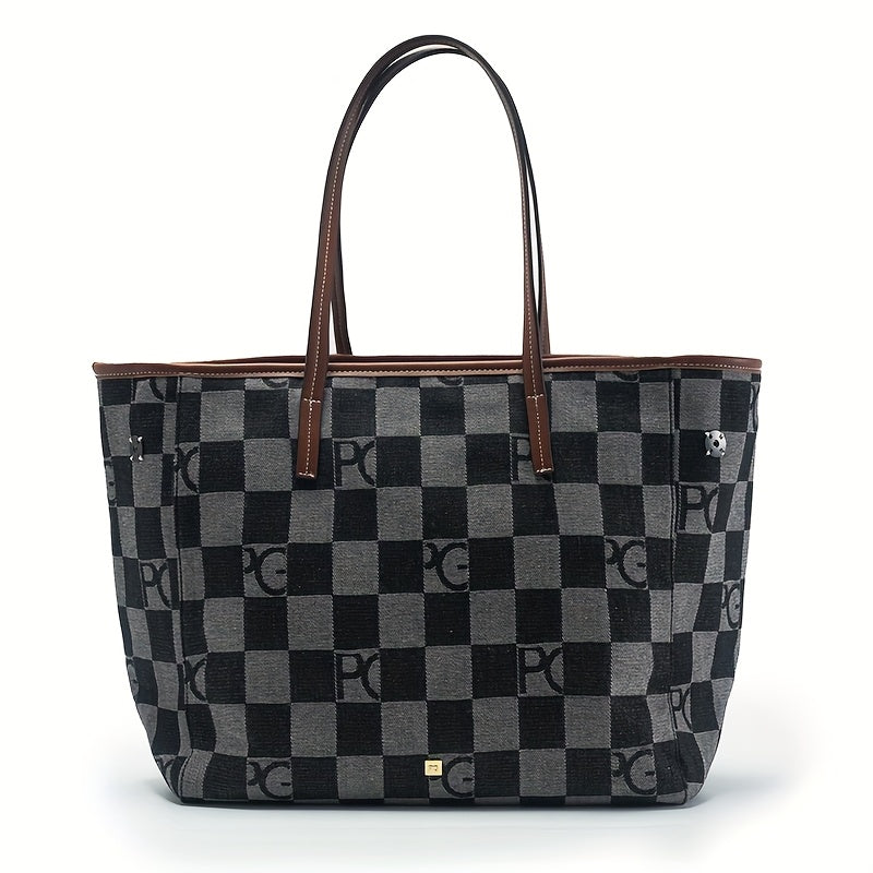PG Women'S High-End Outdoor Tote Bag - Large Capacity, Versatile Commuter Handbag with Fixed Shoulder Straps, Zipper Closure, Canvas Lining, Black/Pink/Blue, Commuter Shoulder Bag | Checkered Pattern Bag | Durable Canvas Lining