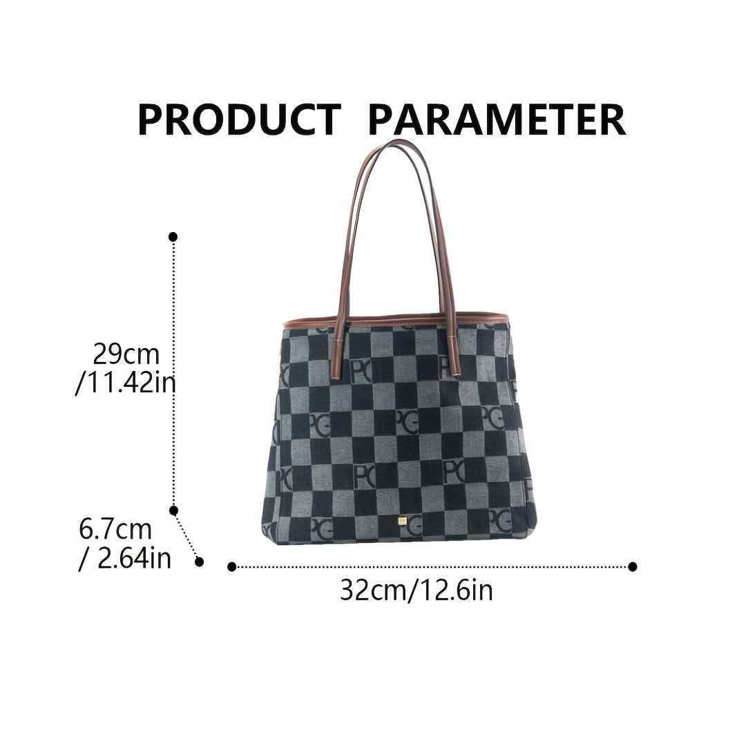 PG Women'S High-End Outdoor Tote Bag - Large Capacity, Versatile Commuter Handbag with Fixed Shoulder Straps, Zipper Closure, Canvas Lining, Black/Pink/Blue, Commuter Shoulder Bag | Checkered Pattern Bag | Durable Canvas Lining