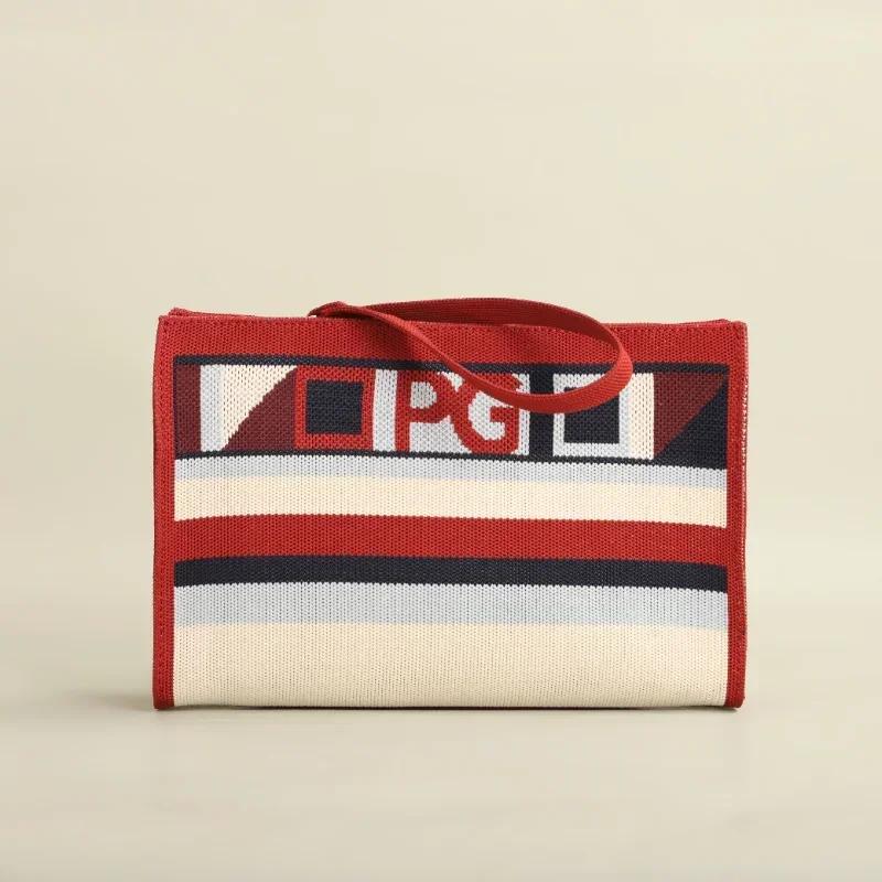 Niche Brand Design Women's Large-Capacity Tote Bag - Casual Light Luxury Striped Geometric Pattern, Zipper Closure, Durable Polyester, Red/Turquoise/Blue for Daily Commuting